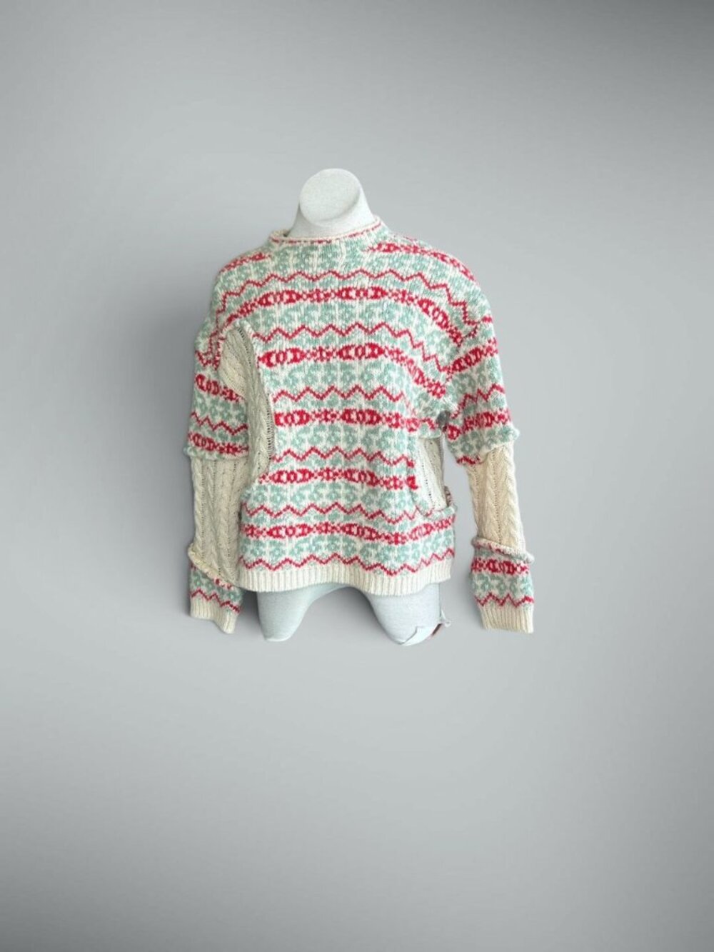 Zara Fair Isle Patchwork CableKnit Jacquard Sweater Red Sage Green Size Large